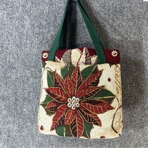 VINTAGE Christmas Woven Throw Blanket Poinsettia Holly Fringe Matching Tote Bag